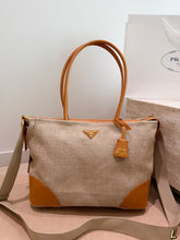 Load image into Gallery viewer, PD393 PRADA Linen & Leather Spliced Tote Bag / 34 x 25 cm