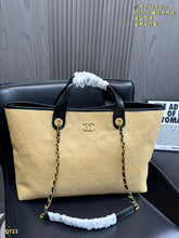 Load image into Gallery viewer, CC1365 Chanel Raffia Woven Tote Bag with Leather Trim / 42 x 29 cm