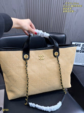 Load image into Gallery viewer, CC1365 Chanel Raffia Woven Tote Bag with Leather Trim / 42 x 29 cm