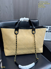 Load image into Gallery viewer, CC1365 Chanel Raffia Woven Tote Bag with Leather Trim / 42 x 29 cm