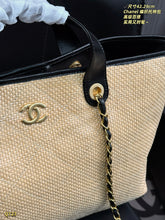 Load image into Gallery viewer, CC1365 Chanel Raffia Woven Tote Bag with Leather Trim / 42 x 29 cm