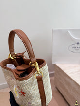 Load image into Gallery viewer, PD387 Prada Re-Edition Raffia Embroidered Bucket Bag / 18 x 19 cm