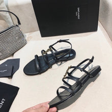 Load image into Gallery viewer, SE904 YSK Cassandra Flat Sandals in Smooth Leather with Gold-tone Monogram / Size5-11