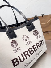 Load image into Gallery viewer, BUR112 Label Print Cotton and Leather Small London Tote Bag / 13.7 x 4.3 x 10.6in