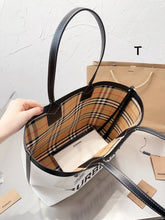 Load image into Gallery viewer, BUR112 Label Print Cotton and Leather Small London Tote Bag / 13.7 x 4.3 x 10.6in