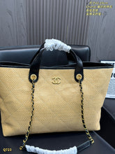Load image into Gallery viewer, CC1365 Chanel Raffia Woven Tote Bag with Leather Trim / 42 x 29 cm
