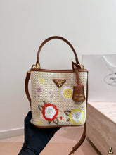 Load image into Gallery viewer, PD387 Prada Re-Edition Raffia Embroidered Bucket Bag / 18 x 19 cm
