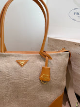 Load image into Gallery viewer, PD393 PRADA Linen &amp; Leather Spliced Tote Bag / 34 x 25 cm
