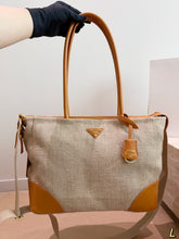 Load image into Gallery viewer, PD393 PRADA Linen &amp; Leather Spliced Tote Bag / 34 x 25 cm
