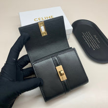 Load image into Gallery viewer, CL129  Small Trifold Wallet 16 in Shiny Calfskin Black / 4 x 4 x 2 IN
