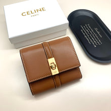 Load image into Gallery viewer, CL129  Small Trifold Wallet 16 in Shiny Calfskin Black / 4 x 4 x 2 IN
