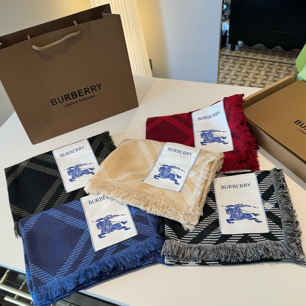 CLTH485 Burberry Wide Check Wool Silk Scarf / 78.7 x 25.6in