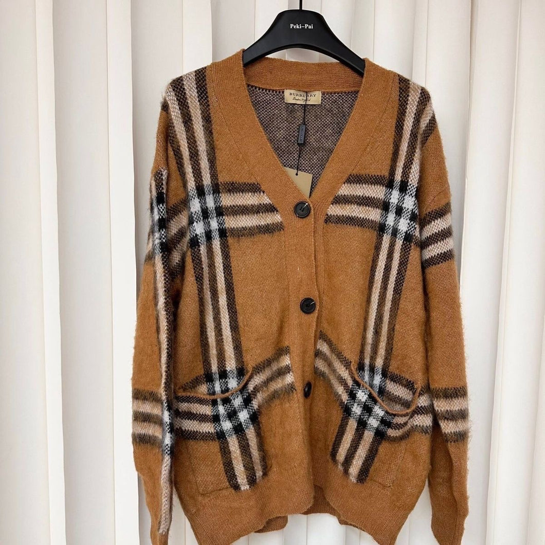 CLTH356 Check Mohair Wool Blend Cardigan / SizeS/M/L