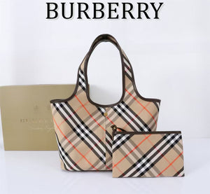 BUR140 Checkered Tote with Leather Trim / 16.1x9.4x10.2inch / HIGHEST QUALITY VERSION