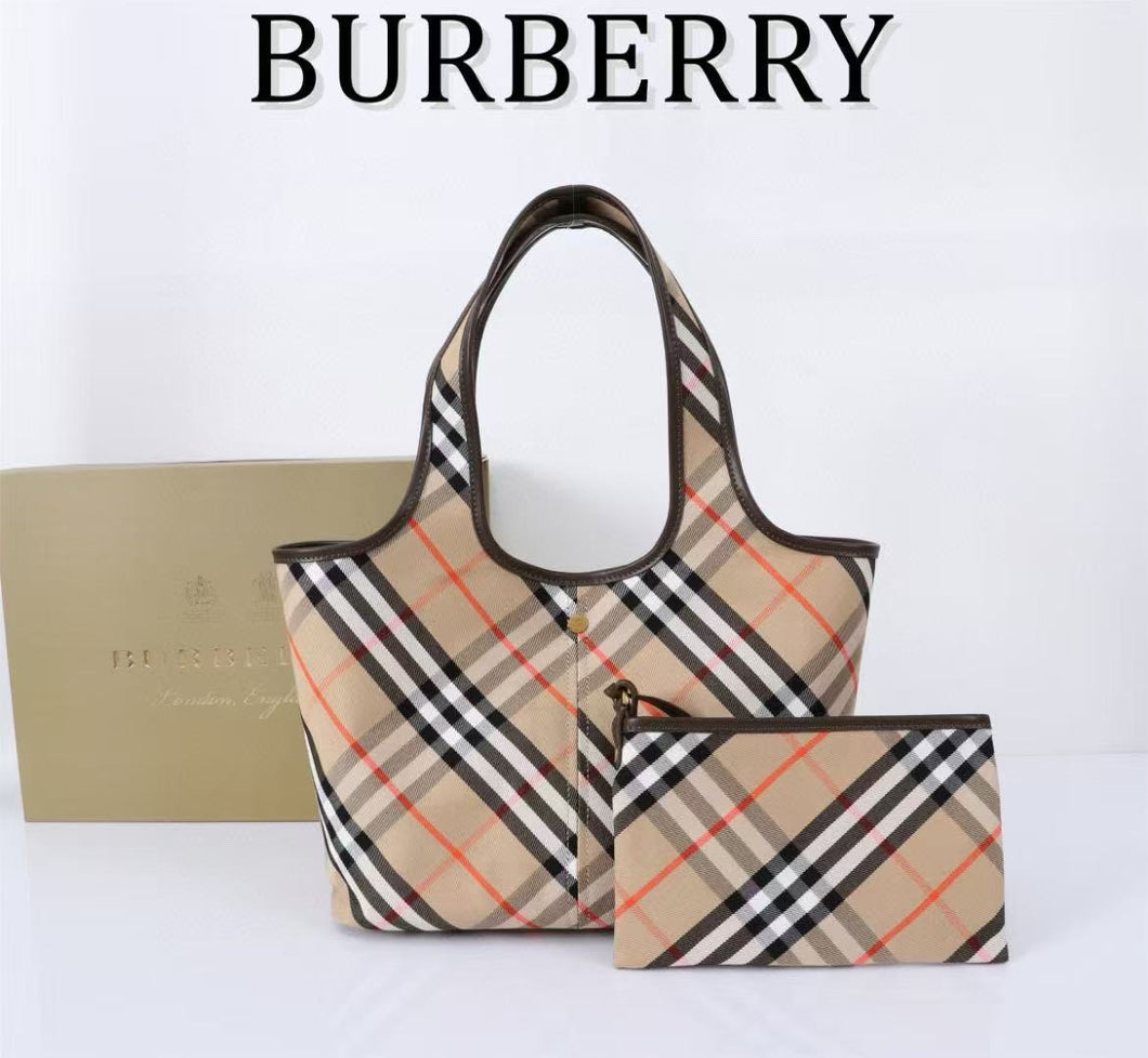 BUR140 Checkered Tote with Leather Trim / 16.1x9.4x10.2inch / HIGHEST QUALITY VERSION