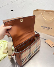 Load image into Gallery viewer, BUR100 Leather and Vintage Check Note Crossbody Bag / 9.8 x 3.3 x 7.1in
