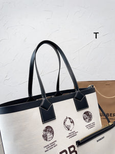 BUR112 Label Print Cotton and Leather Small London Tote Bag / 13.7 x 4.3 x 10.6in