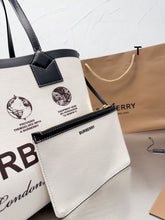 Load image into Gallery viewer, BUR112 Label Print Cotton and Leather Small London Tote Bag / 13.7 x 4.3 x 10.6in
