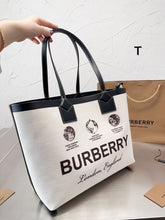 Load image into Gallery viewer, BUR112 Label Print Cotton and Leather Small London Tote Bag / 13.7 x 4.3 x 10.6in
