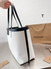 Load image into Gallery viewer, BUR112 Label Print Cotton and Leather Small London Tote Bag / 13.7 x 4.3 x 10.6in
