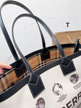 Load image into Gallery viewer, BUR112 Label Print Cotton and Leather Small London Tote Bag / 13.7 x 4.3 x 10.6in
