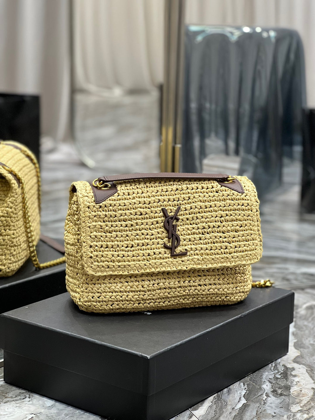 YSK185 Niki Medium Chain Bag in Raffia and Leather / HIGHEST QUALITY VERSION